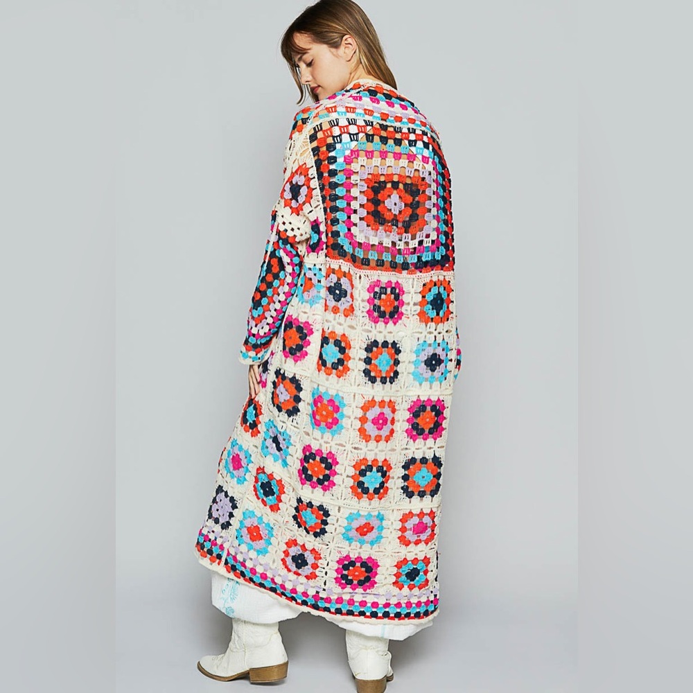 NIB POL MULTICOLOR CROCHET CARDIGAN SWEATER DUSTER square  boho bohemian